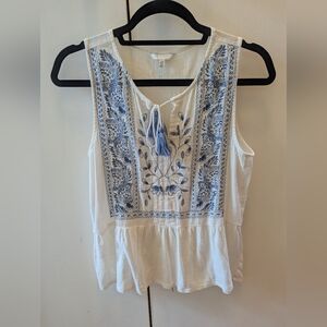 Lucky Brand White and Blue Embroidered Blouse
